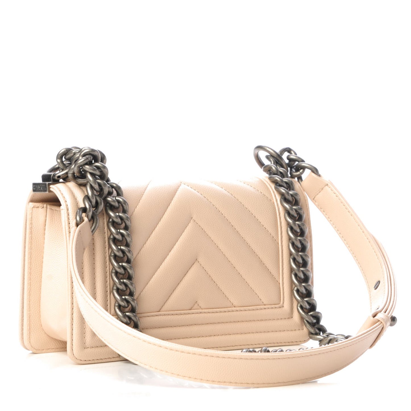 Caviar Chevron Quilted Small Boy Flap Light Beige