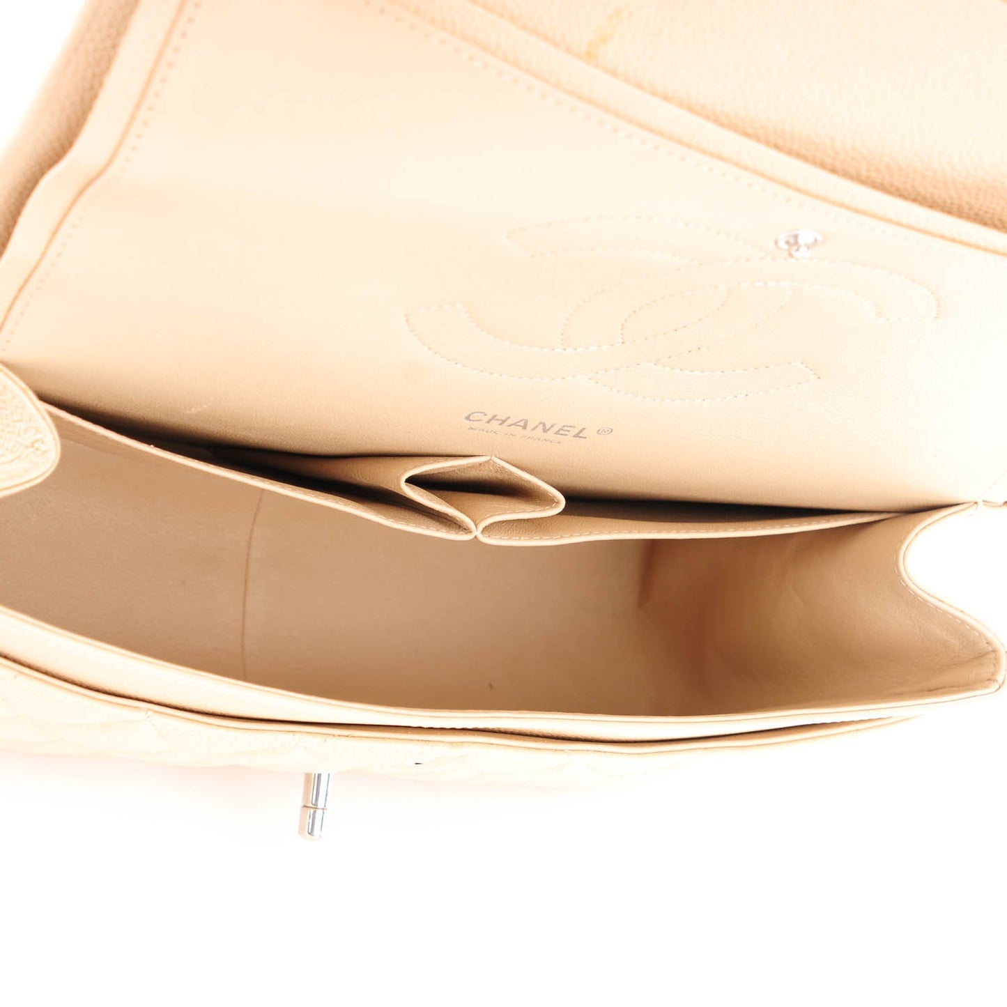 Caviar Quilted Jumbo Double Flap Beige Clair