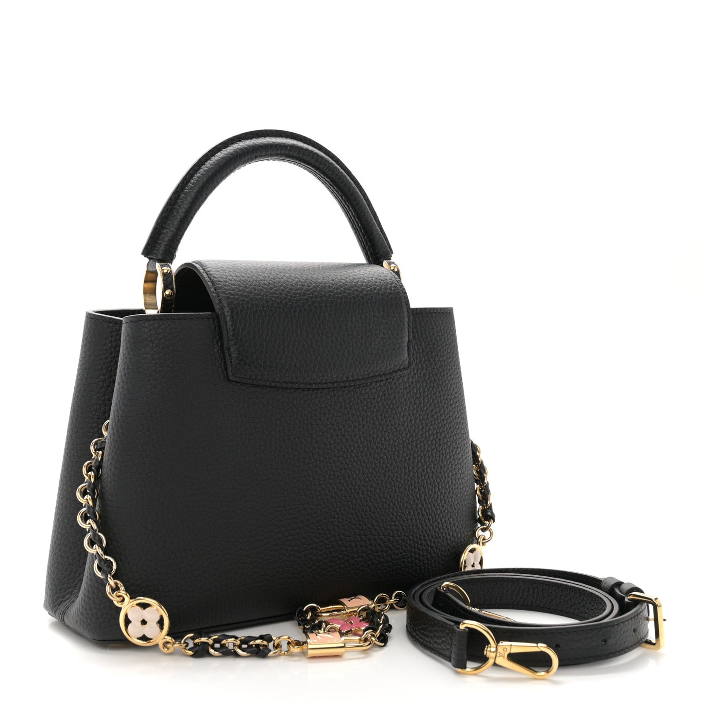 Taurillon Enamel Flower Padlock Chain Capucines BB Black