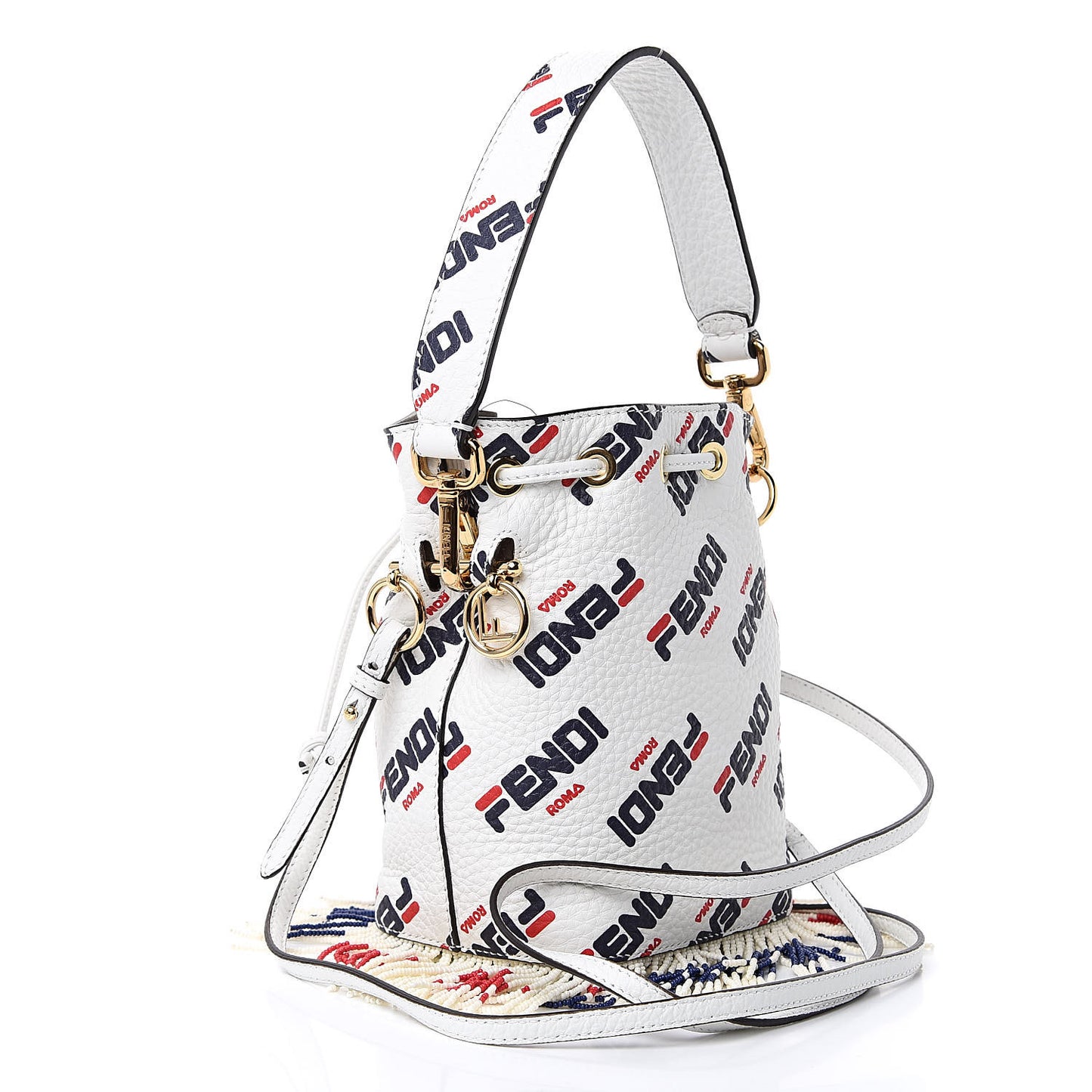 X FILA Calfskin F is Fendi Mania Fringe Mini Mon Tresor Bucket Bag White