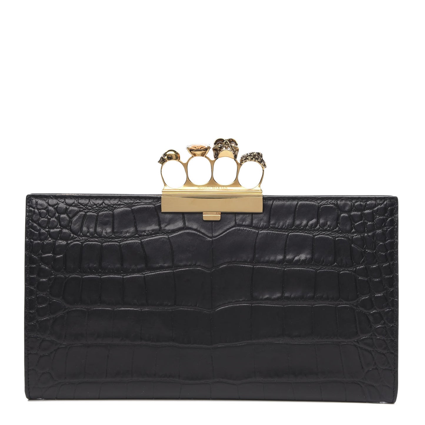 Calfskin Crocodile Embossed Knuckle Flat Clutch Black