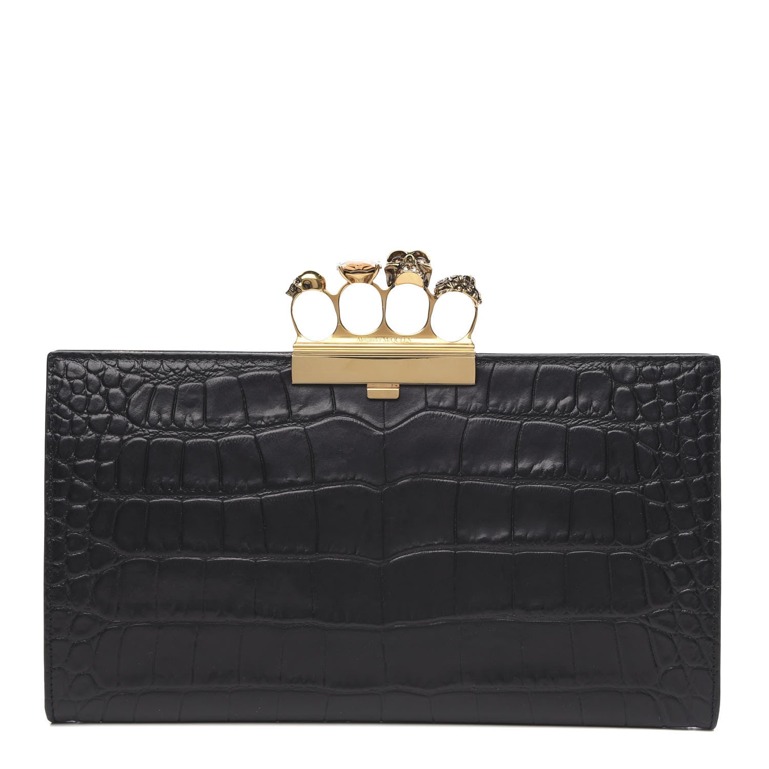 Alexander McQueen Calfskin Crocodile Embossed Knuckle Flat Clutch Black 1 of 8