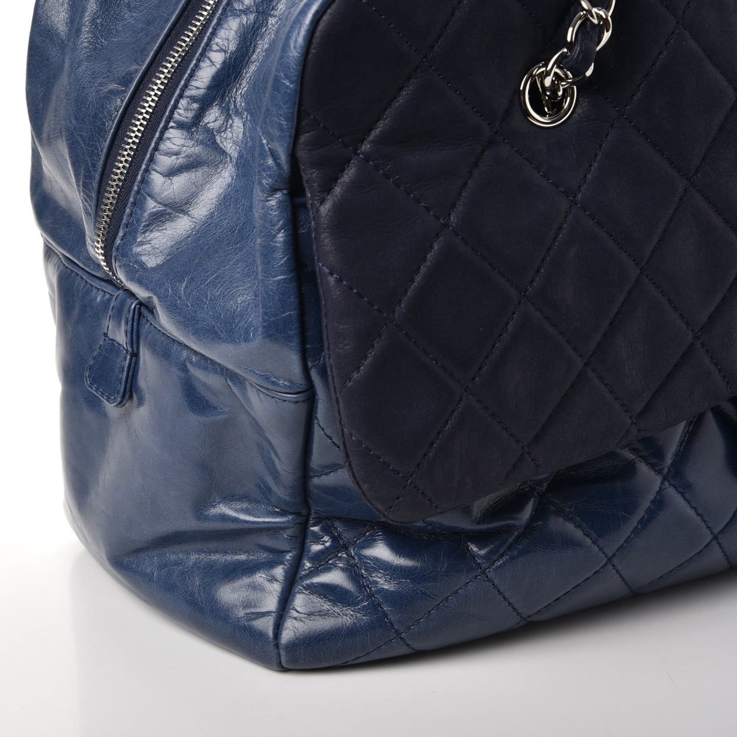 Glazed Calfskin Quilted Travel Flap Tote Blue