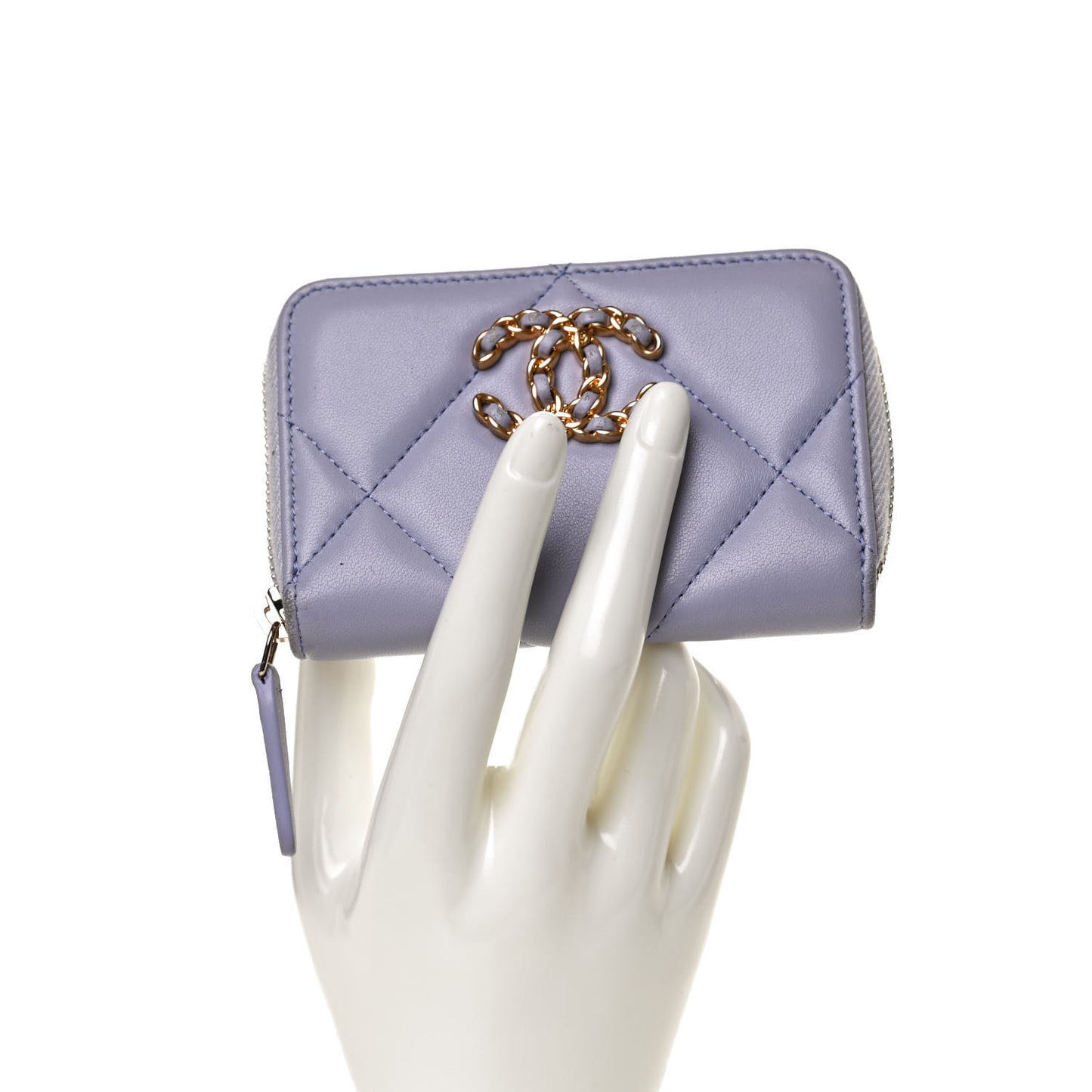 Lambskin Quilted Chanel 19 Zip Around Coin Purse Wallet Light Purple
