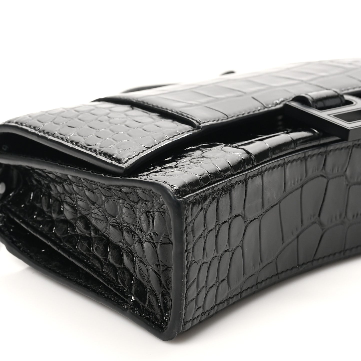 Shiny Calfskin Monochrome Crocodile Embossed Small Hourglass Evening Chain Bag Black