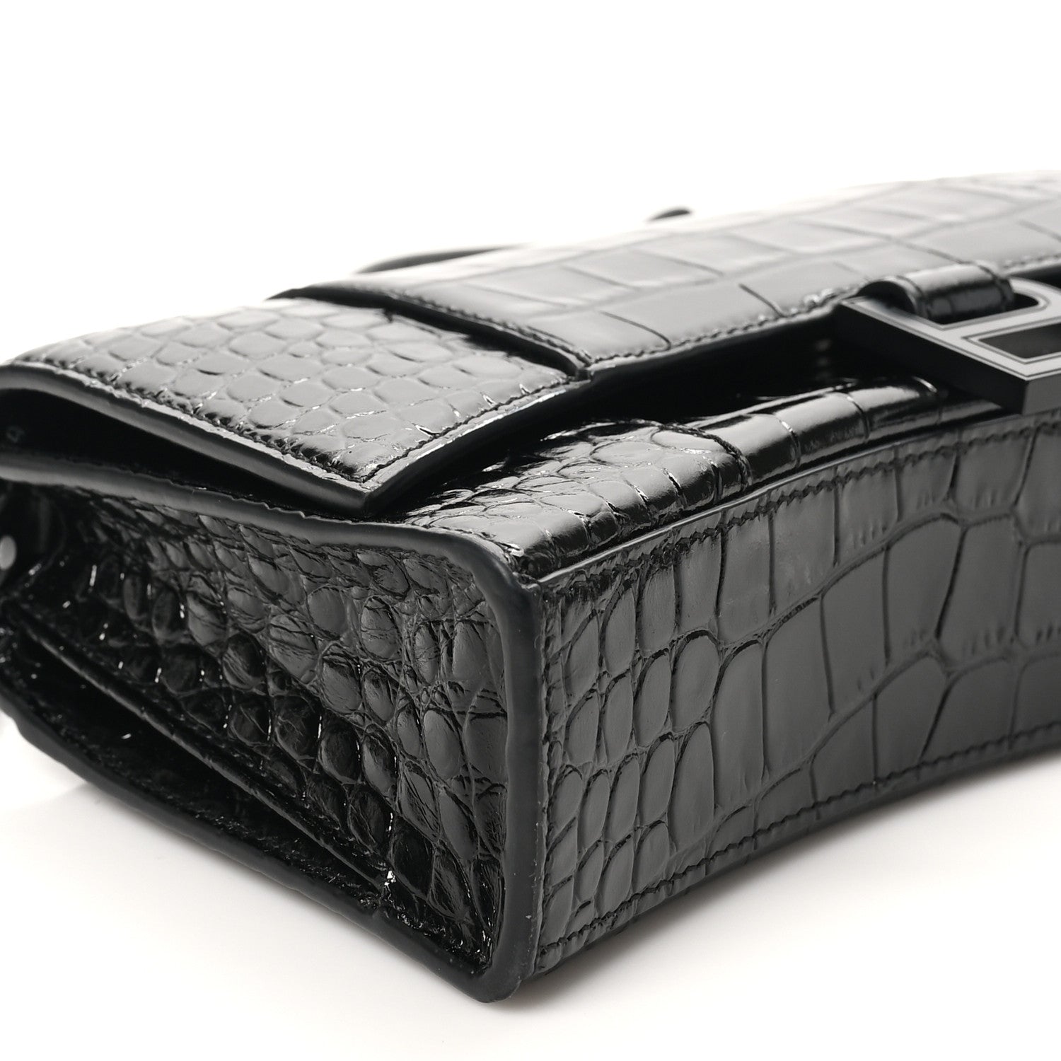 Balenciaga Shiny Calfskin Monochrome Crocodile Embossed Small Hourglass Evening Chain Bag Black 8 of 10