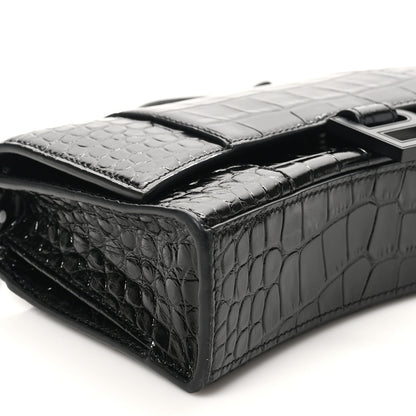 Balenciaga Shiny Calfskin Monochrome Crocodile Embossed Small Hourglass Evening Chain Bag Black 8 of 10
