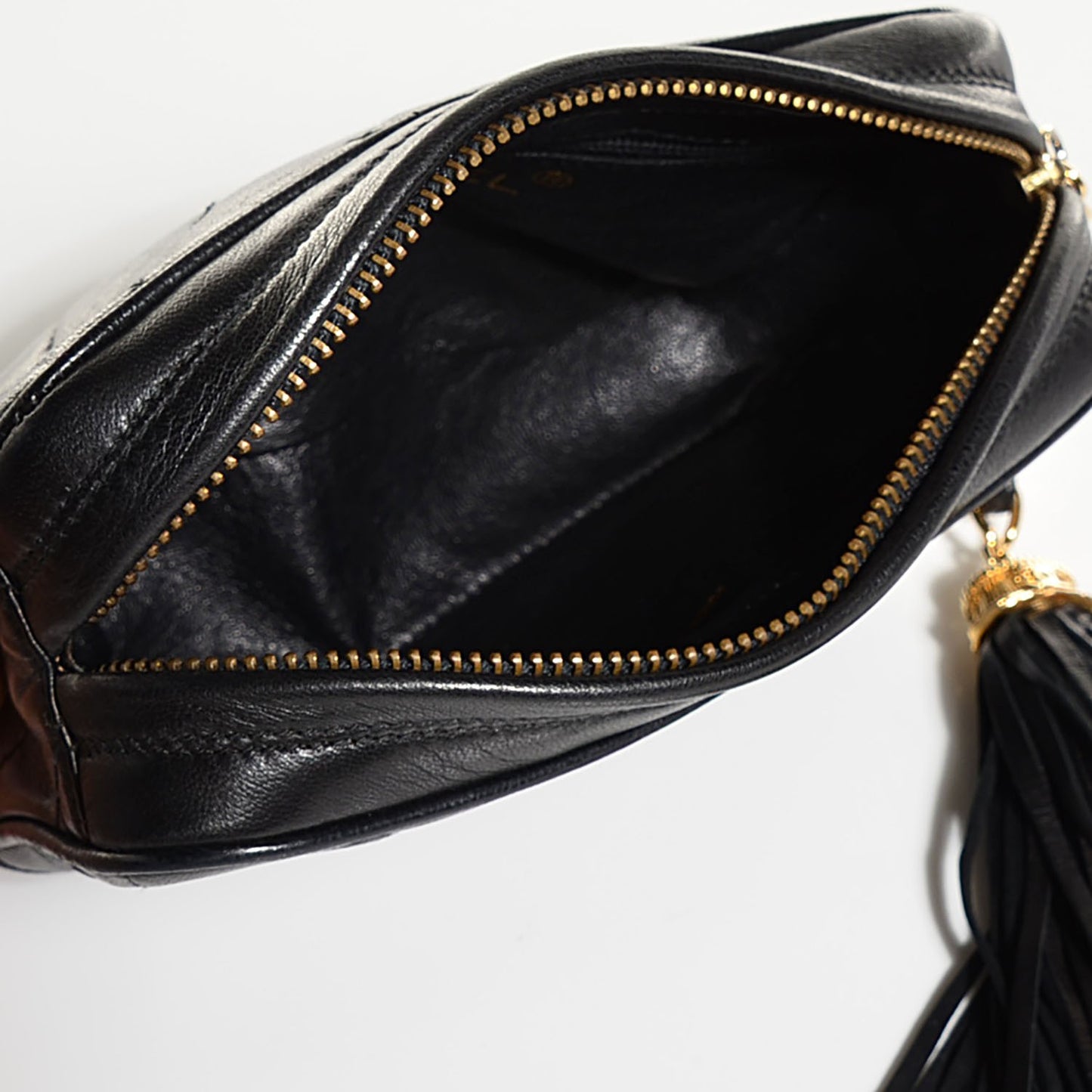 Lambskin Quilted Tassel Camera Case Pouch Black