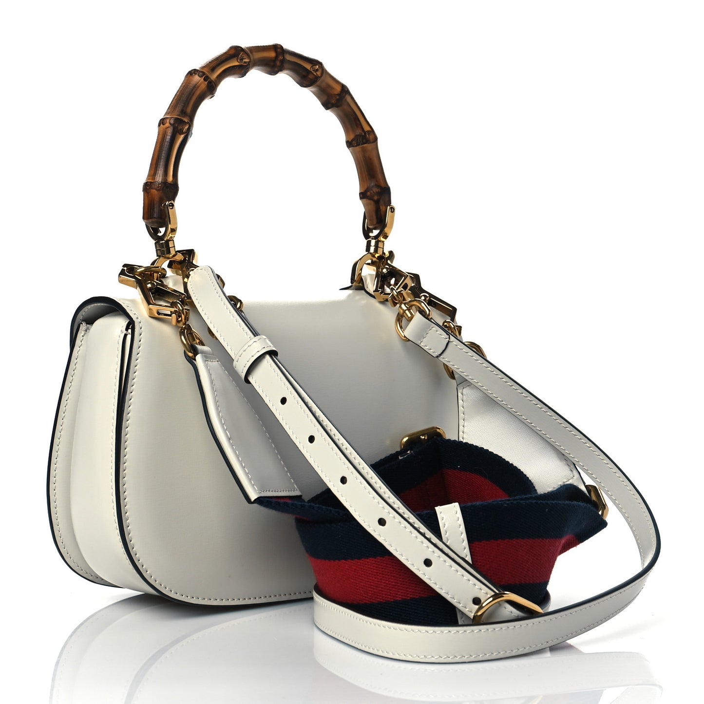Boarded Dyana Lux Calfskin Web Small Bamboo 1947 Top Handle Bag Mystic White