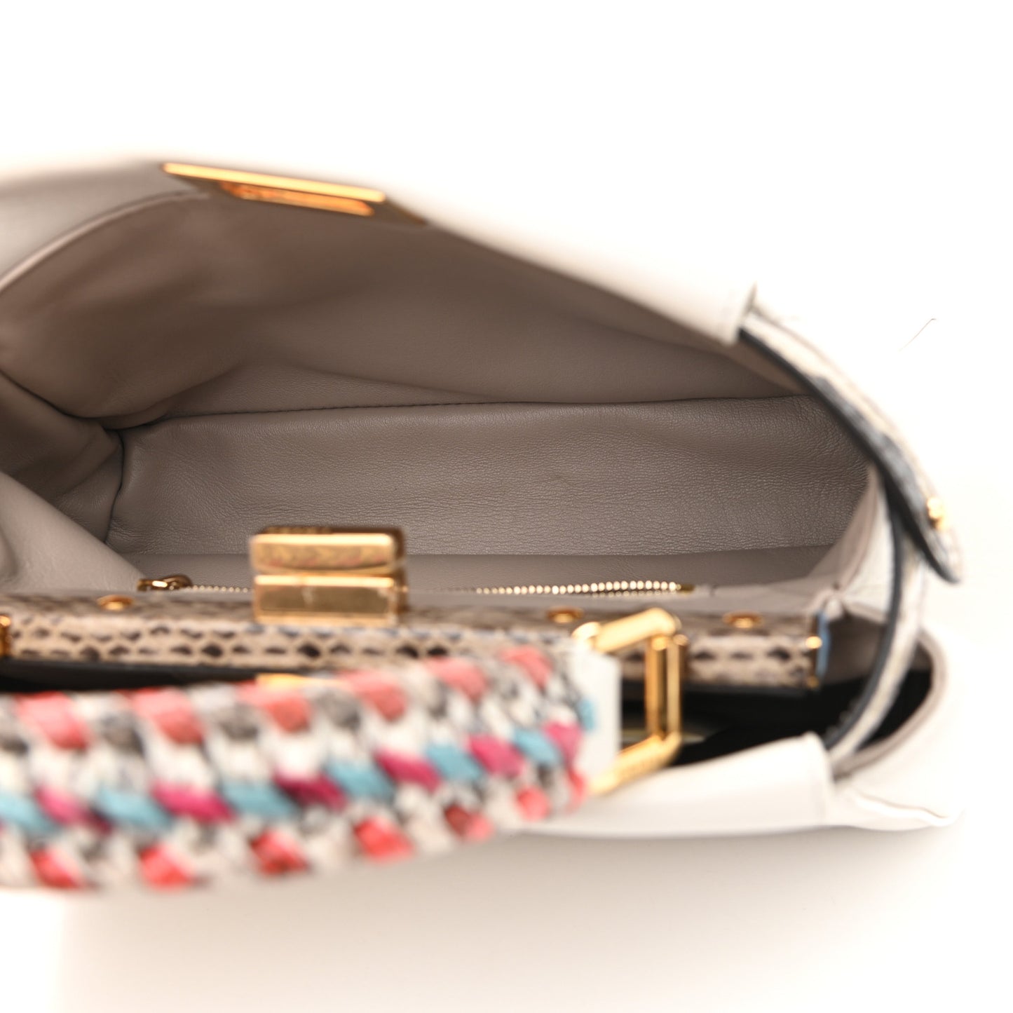 Nappa Elaphe Woven Handle Mini Peekaboo Iconic Satchel White Grigio Polvere