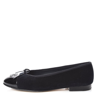 Chanel Velvet Patent Calfskin Cap Toe Ballerina Flats 37.5 Navy Black 1 of 15