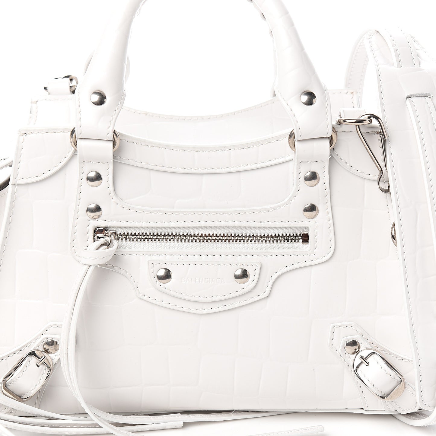 Semi Shiny Calfskin Crocodile Embossed Neo Classic Silver Hardware Mini City White