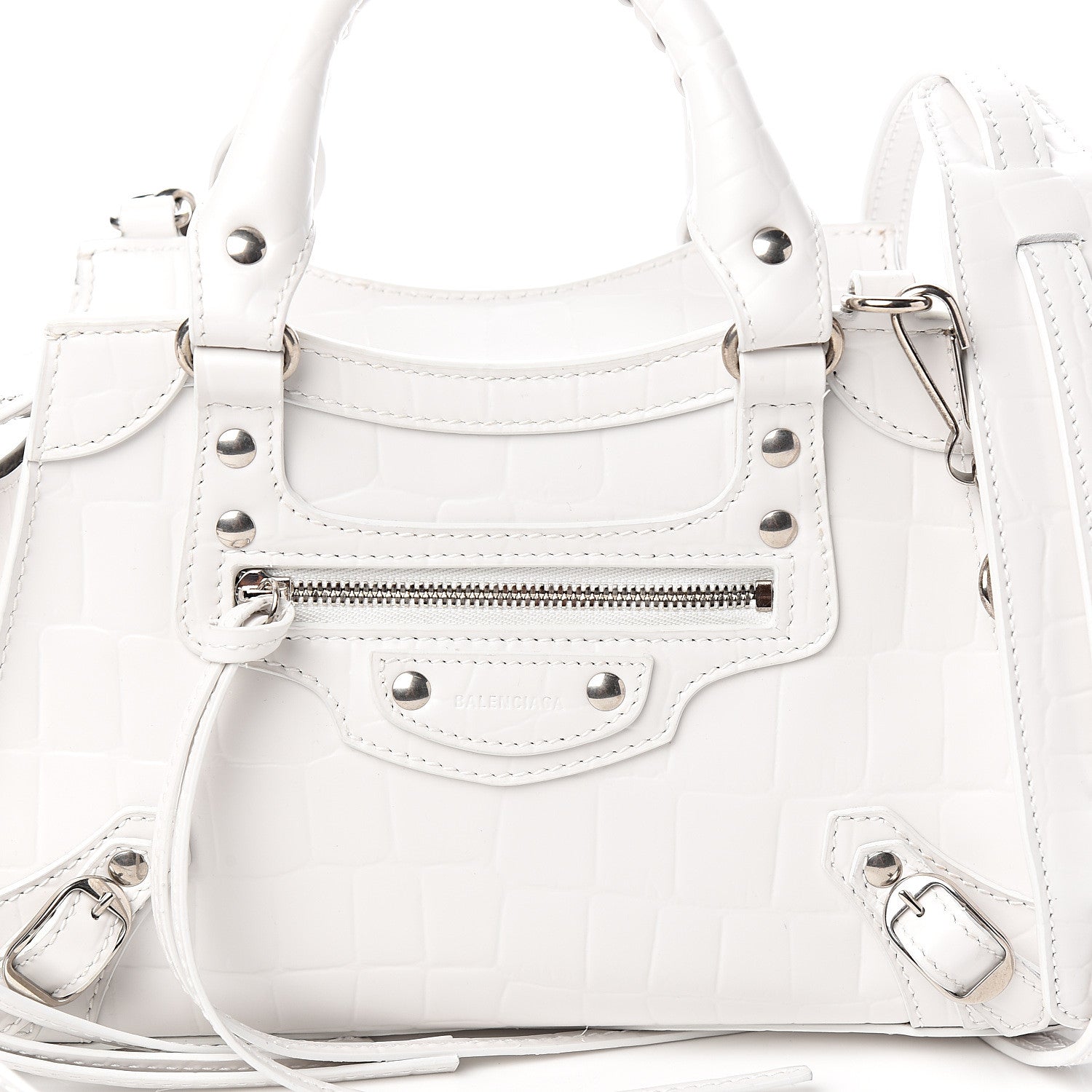 Balenciaga Semi Shiny Calfskin Crocodile Embossed Neo Classic Silver Hardware Mini City White 8 of 8