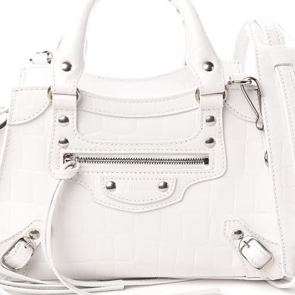 Balenciaga Semi Shiny Calfskin Crocodile Embossed Neo Classic Silver Hardware Mini City White 8 of 8