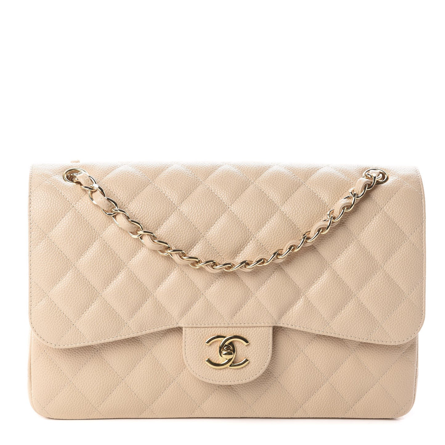 Caviar Quilted Jumbo Double Flap Light Beige