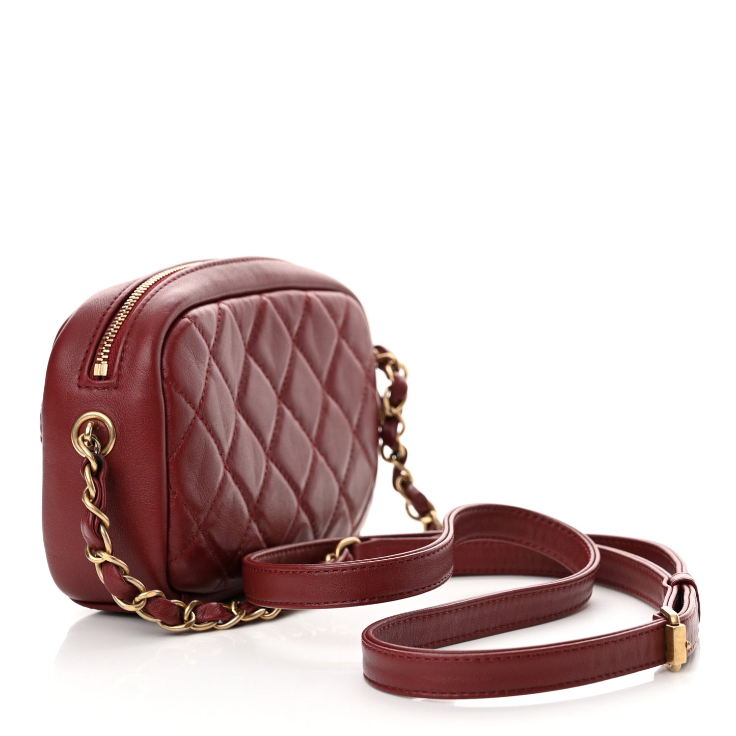 Lambskin Quilted Small Buckle Camera Case Bag Burgundy