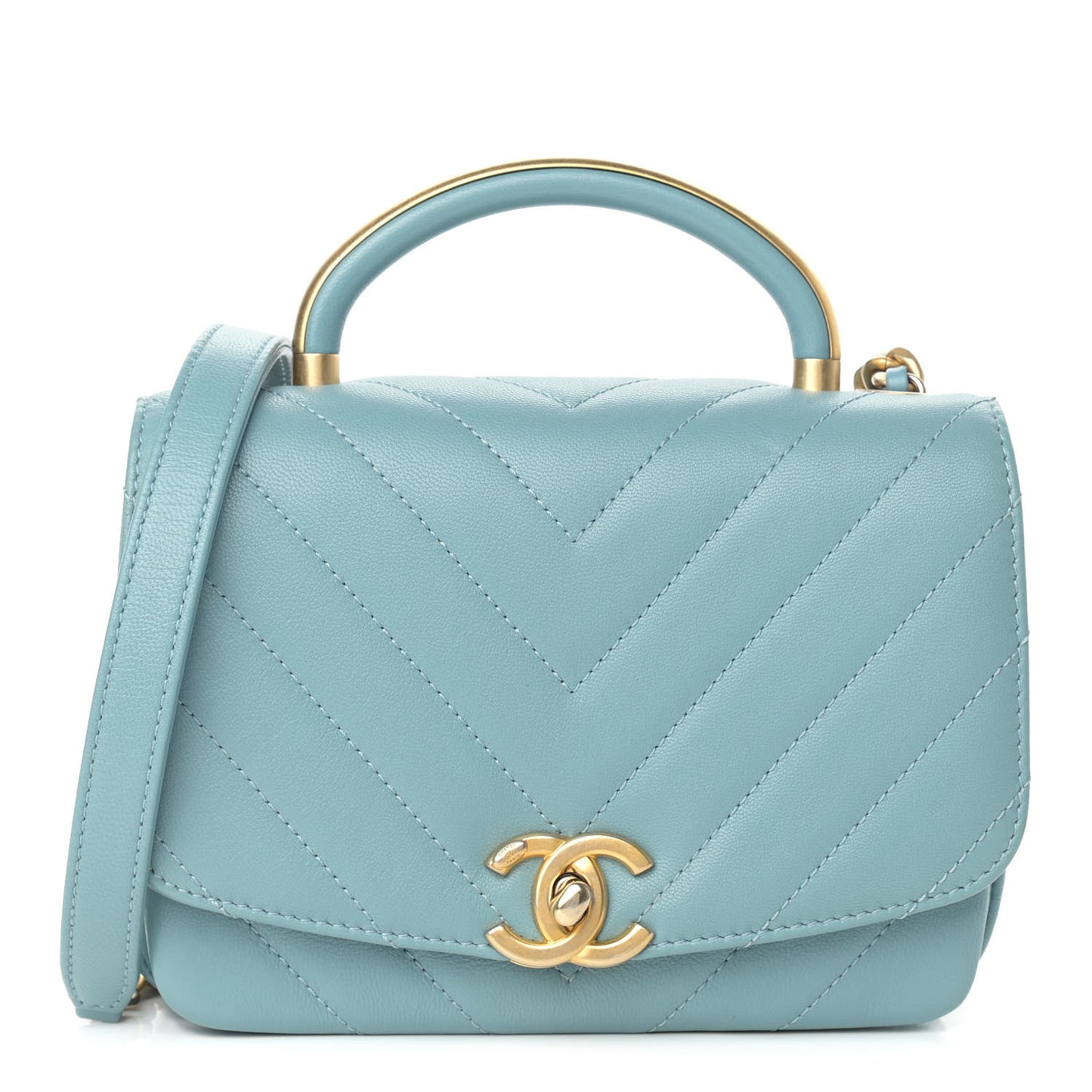 Lambskin Chevron Quilted Gold Top Handle Flap Bag Blue