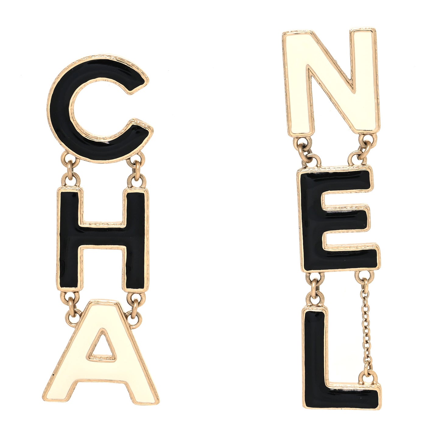 Metal Enamel Cha-Nel Logo Drop Earrings Black White