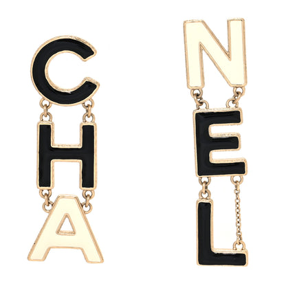 Chanel Metal Enamel Cha-Nel Logo Drop Earrings Black White 1 of 4