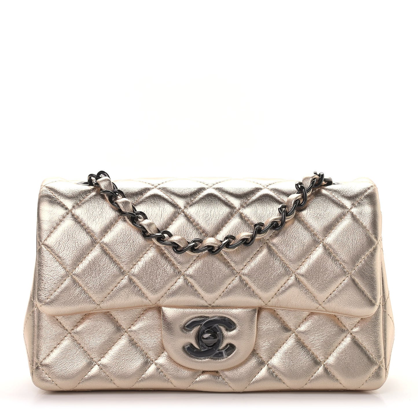 Metallic Lambskin Quilted Mini Rectangular Flap Gold Black