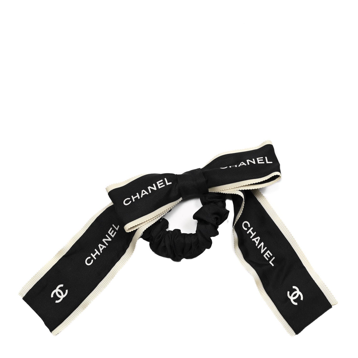 Chanel Silk CC Hair Tie Black Ecru 1 of 4