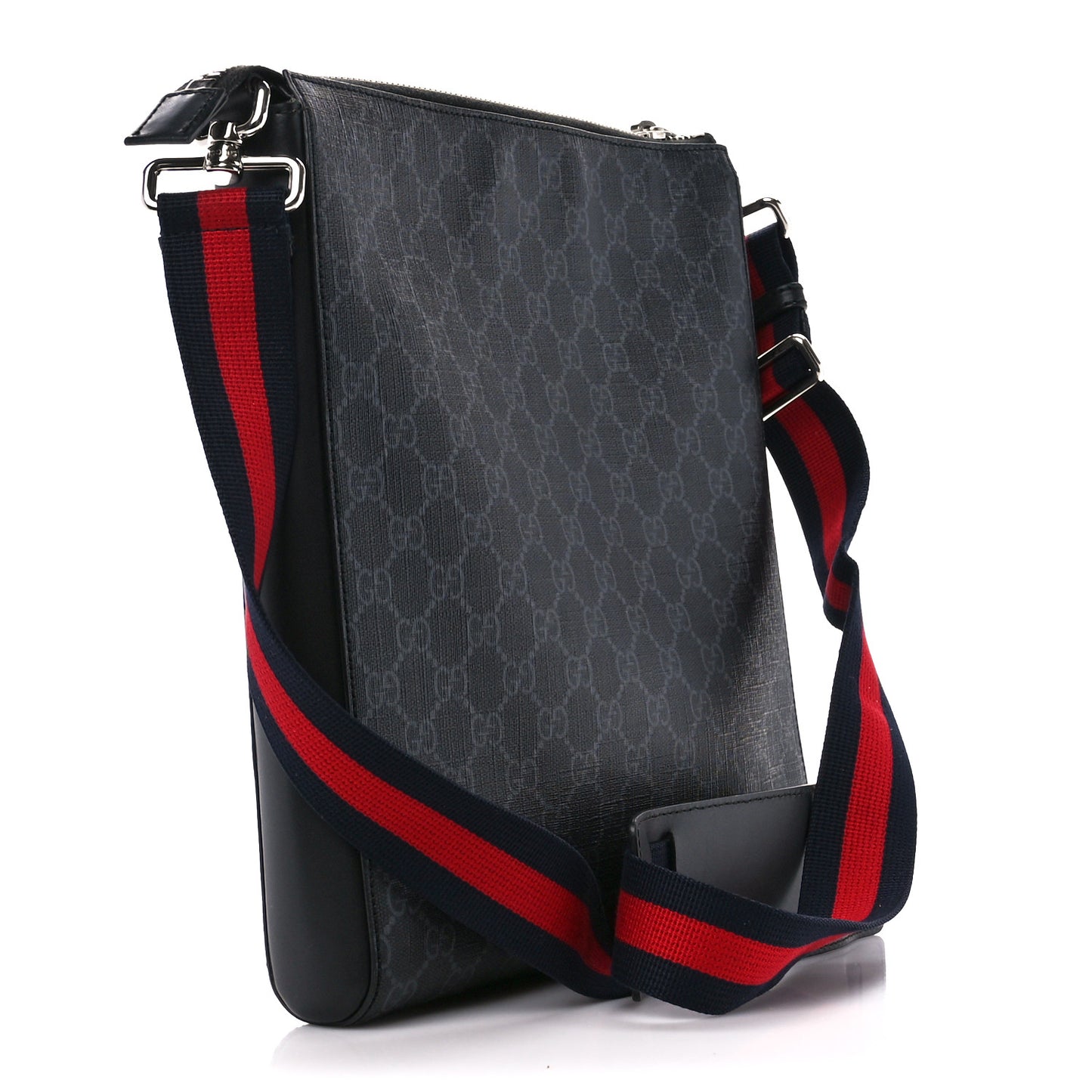 GG Supreme Monogram Appia Calfskin Web Flat Messenger Bag Black Grey
