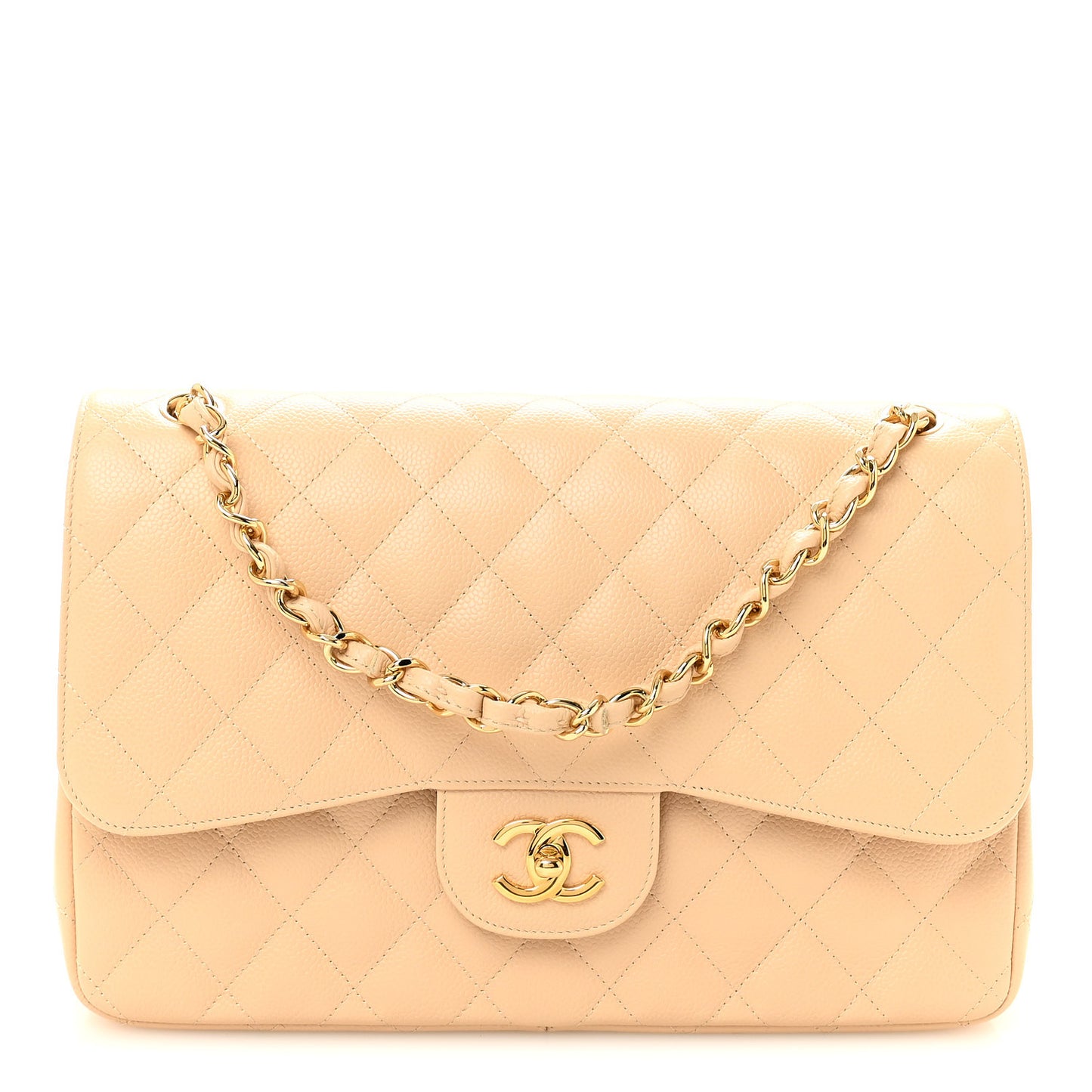 Caviar Quilted Jumbo Double Flap Beige Clair