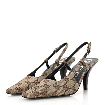 Gucci Monogram Malga Kid Square G 75mm Slingback Pumps 35 Beige Ebony New Acero 4 of 15