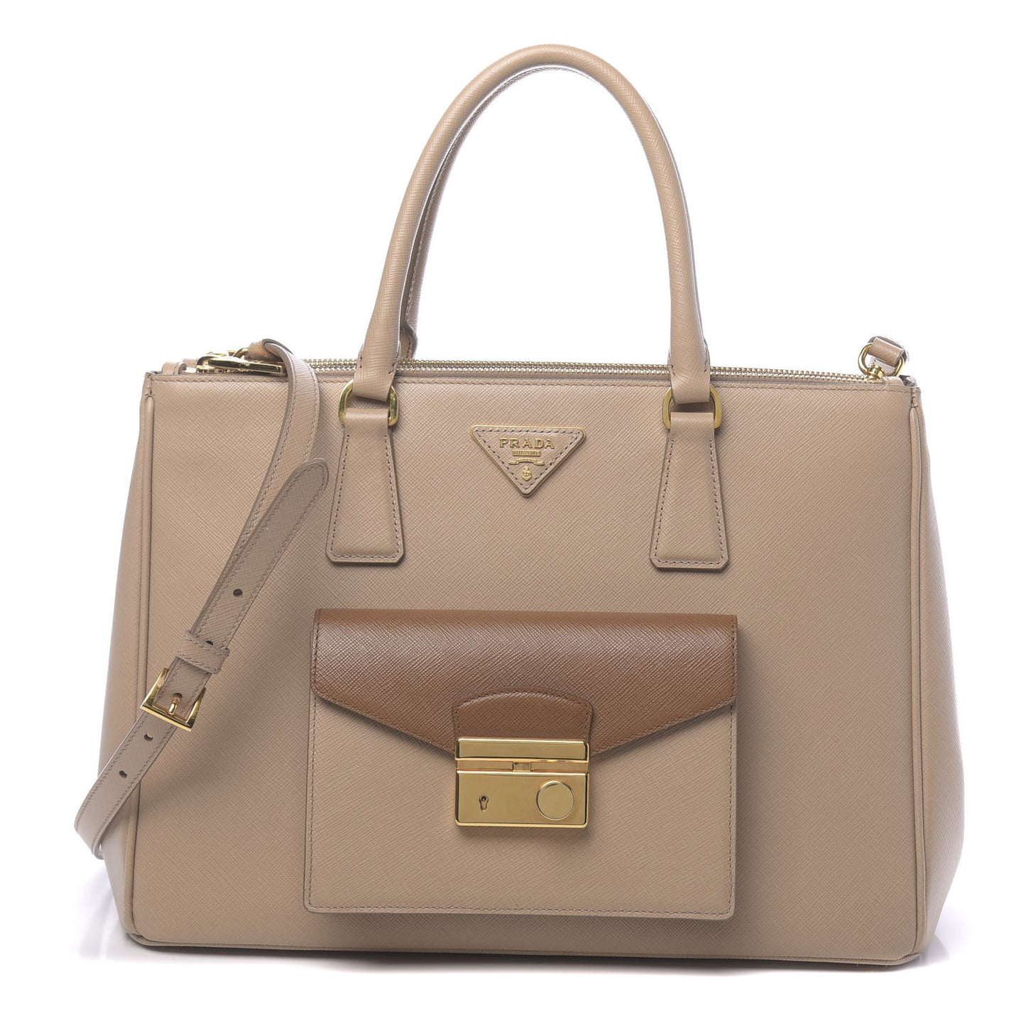 Saffiano Lux Galleria Front Pocket Tote Cammeo Caramel