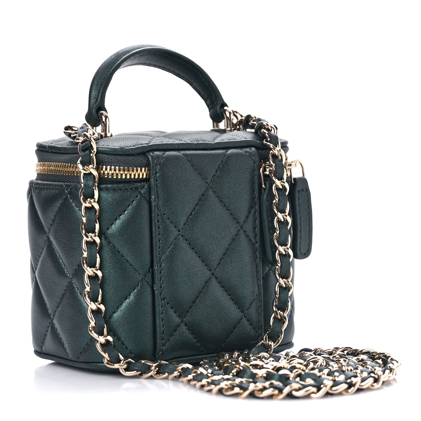 Iridescent Lambskin Quilted Mini Top Handle Vanity Case With Chain Dark Green