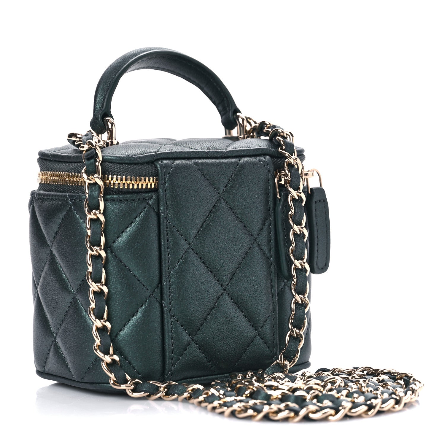 Chanel Iridescent Lambskin Quilted Mini Top Handle Vanity Case With Chain Dark Green 3 of 10