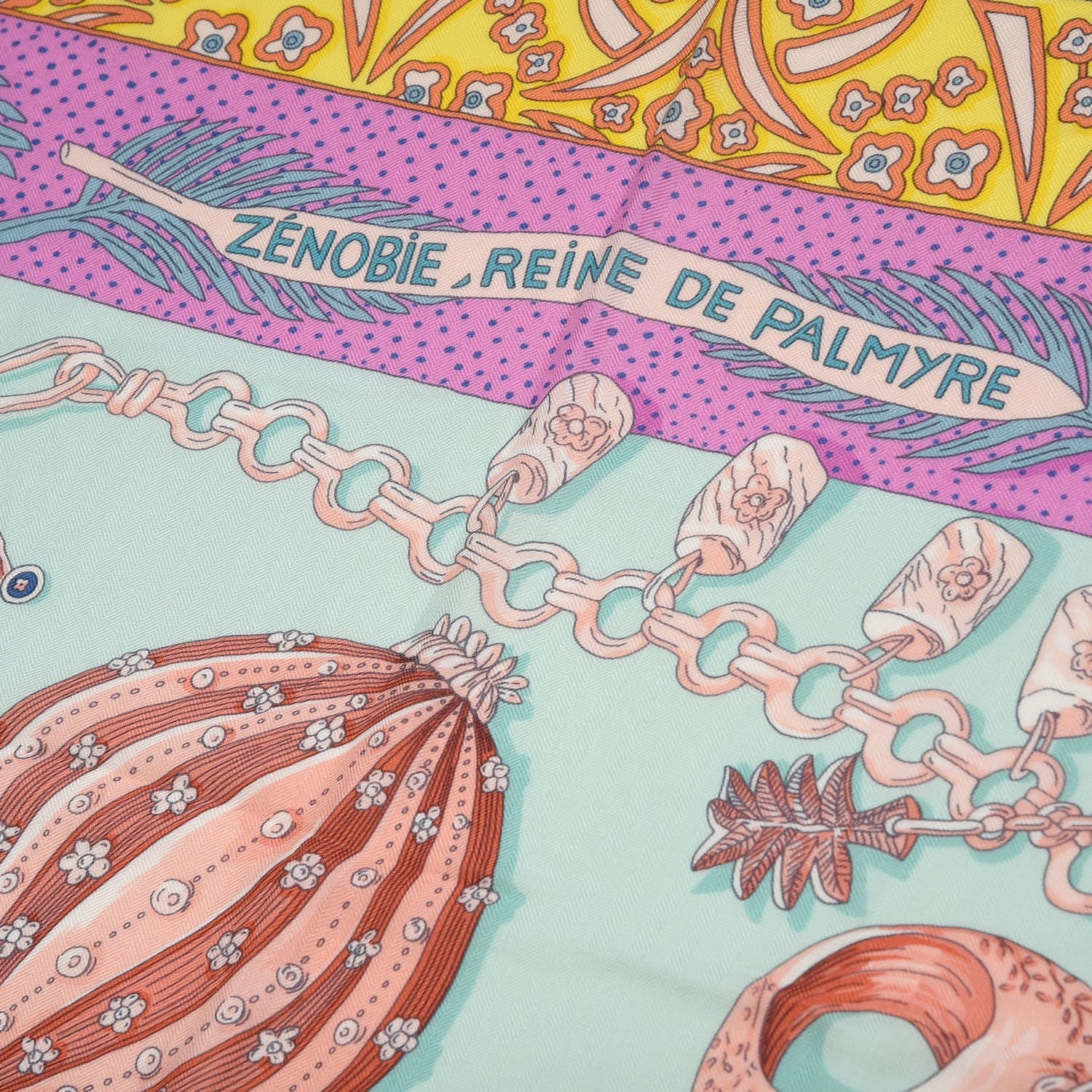 Hermes Cashmere Silk Zenobie Reine de Palmyre Shawl 140 Vert D Eau Rose Jaune Vif 4 of 7