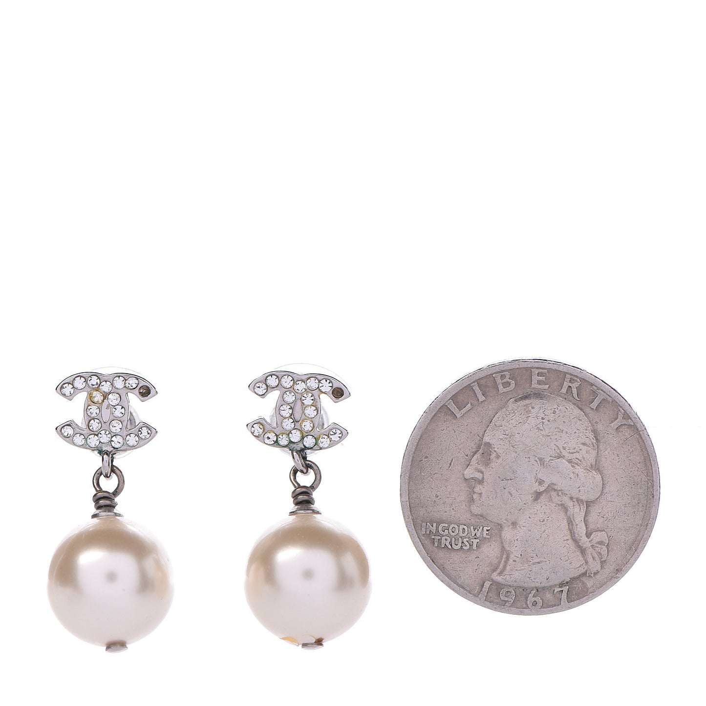 Crystal Pearl CC Drop Earrings Silver Pearly White