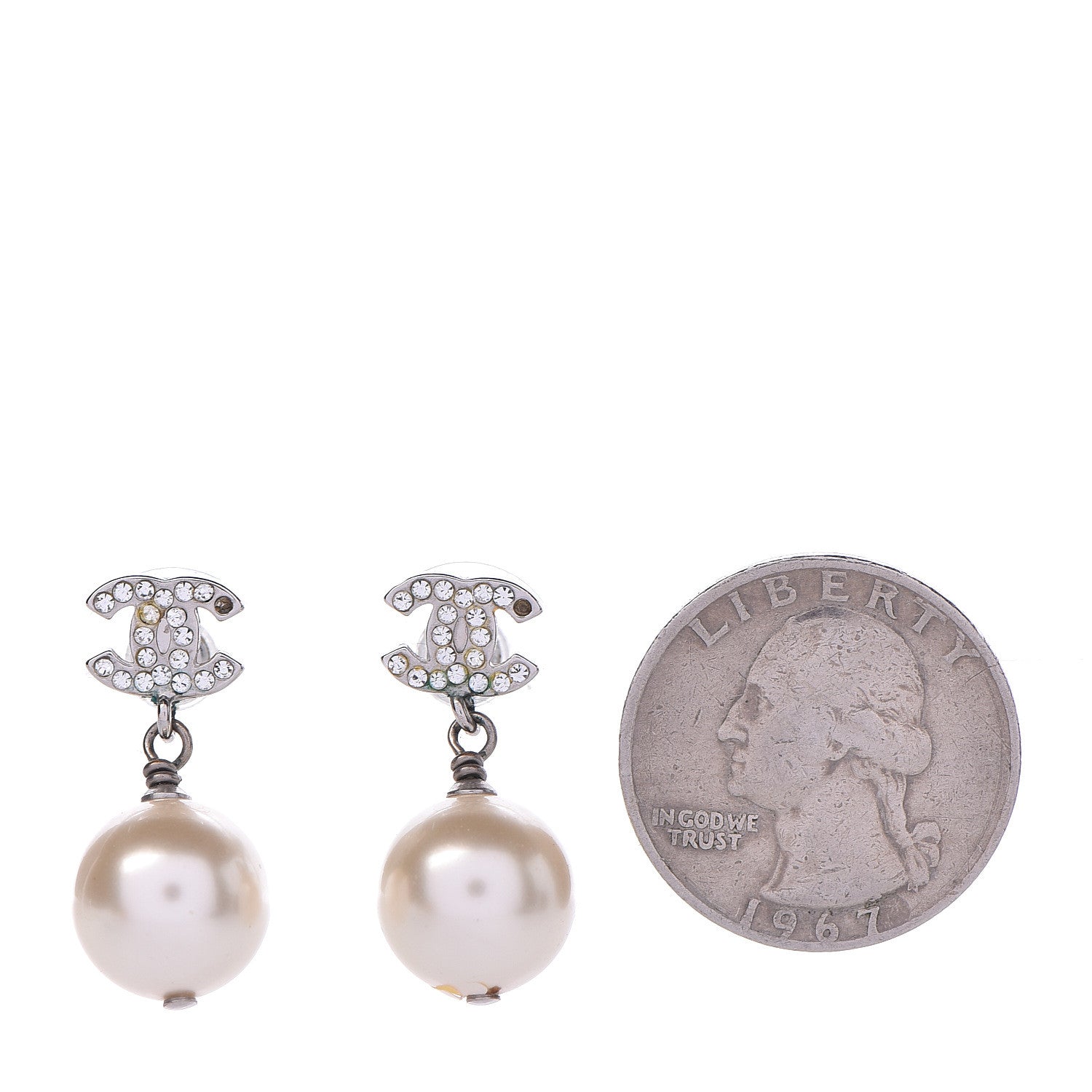 Chanel Crystal Pearl CC Drop Earrings Silver Pearly White 2 of 4