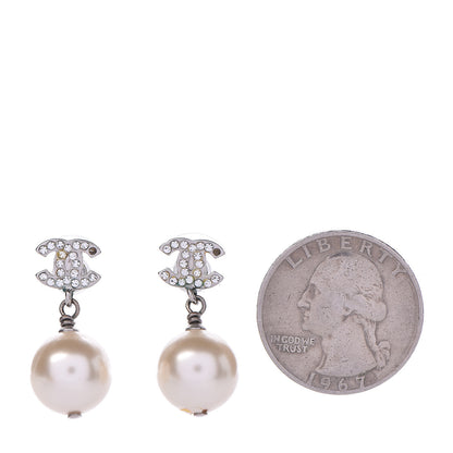 Chanel Crystal Pearl CC Drop Earrings Silver Pearly White 2 of 4