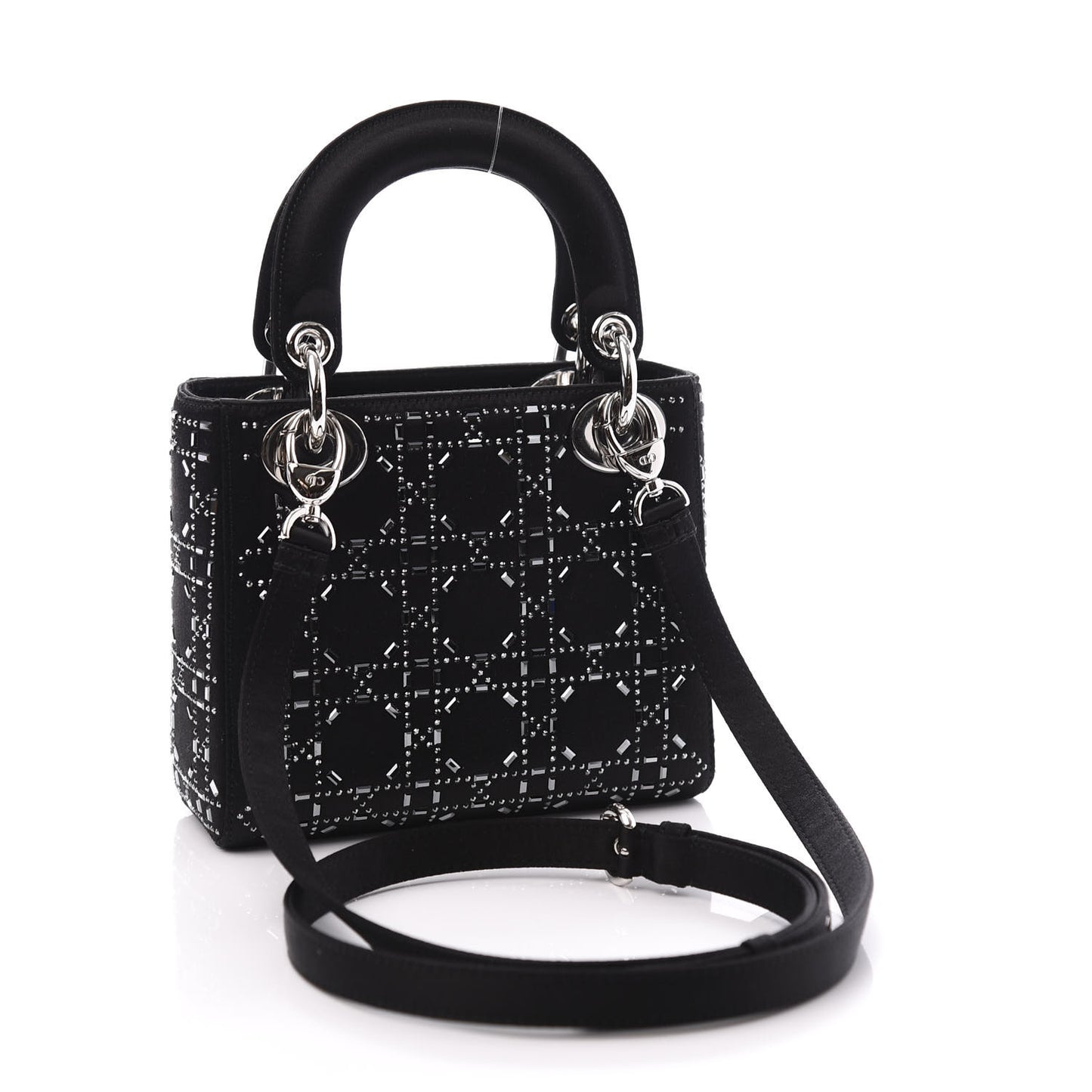 Satin Crystal Cannage Mini Lady Dior Black