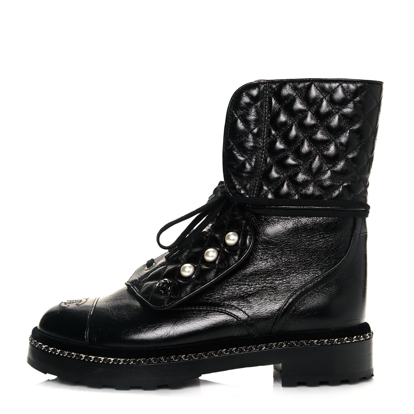 Crackled Calfskin Velvet Pearl Combat Ankle Boots 39.5 Black