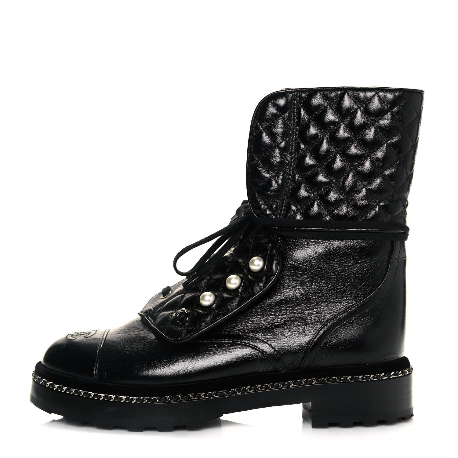 Chanel Crackled Calfskin Velvet Pearl Combat Ankle Boots 39.5 Black 1 of 8