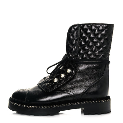 Chanel Crackled Calfskin Velvet Pearl Combat Ankle Boots 39.5 Black 1 of 8