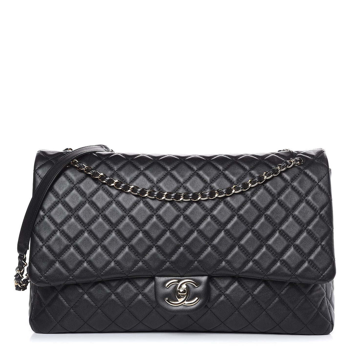 Calfskin Quilted XXL Travel Flap Bag Black