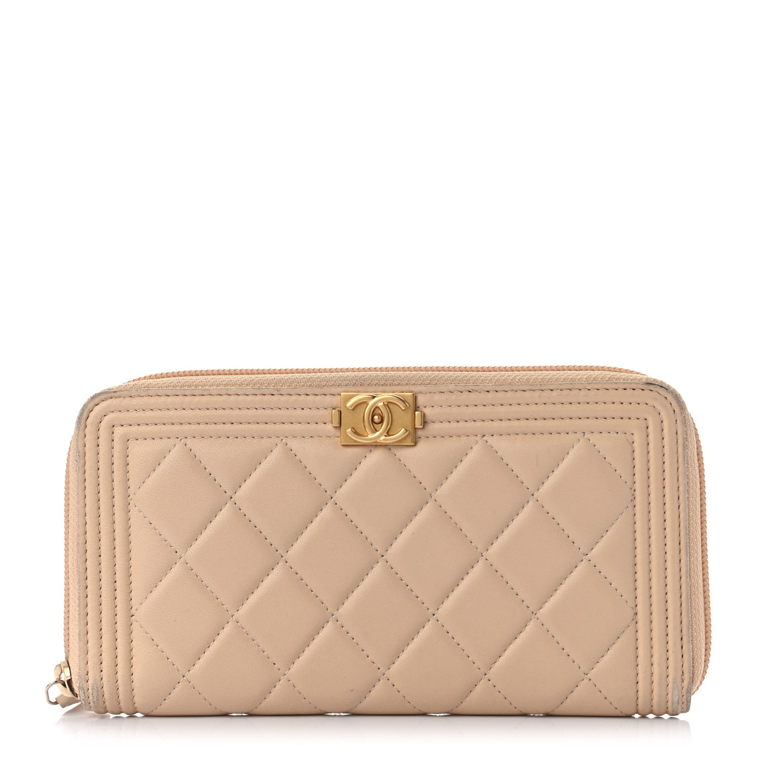 Chanel Lambskin Quilted Boy Zip Around Wallet Beige 1 of 11