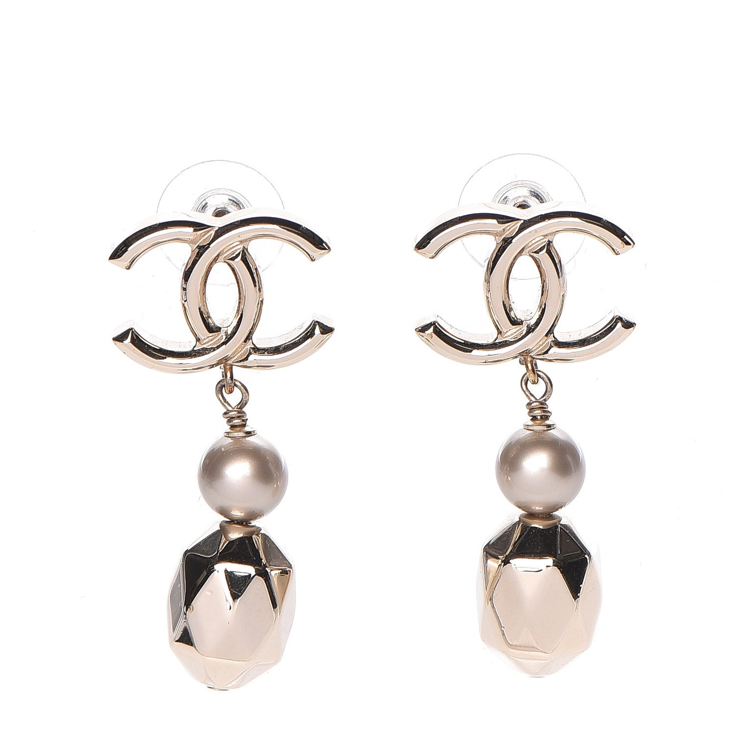 Metal Bead Pearl CC Drop Earrings Golden Pearly White