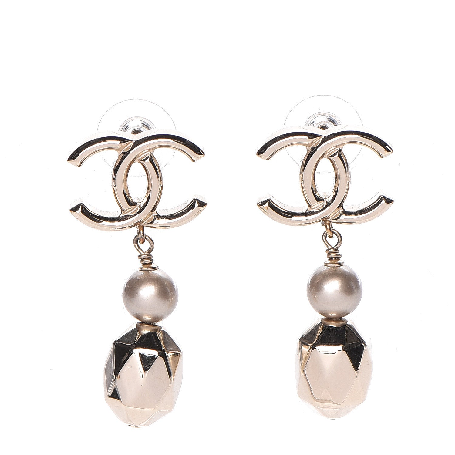 Chanel Metal Bead Pearl CC Drop Earrings Golden Pearly White 1 of 5