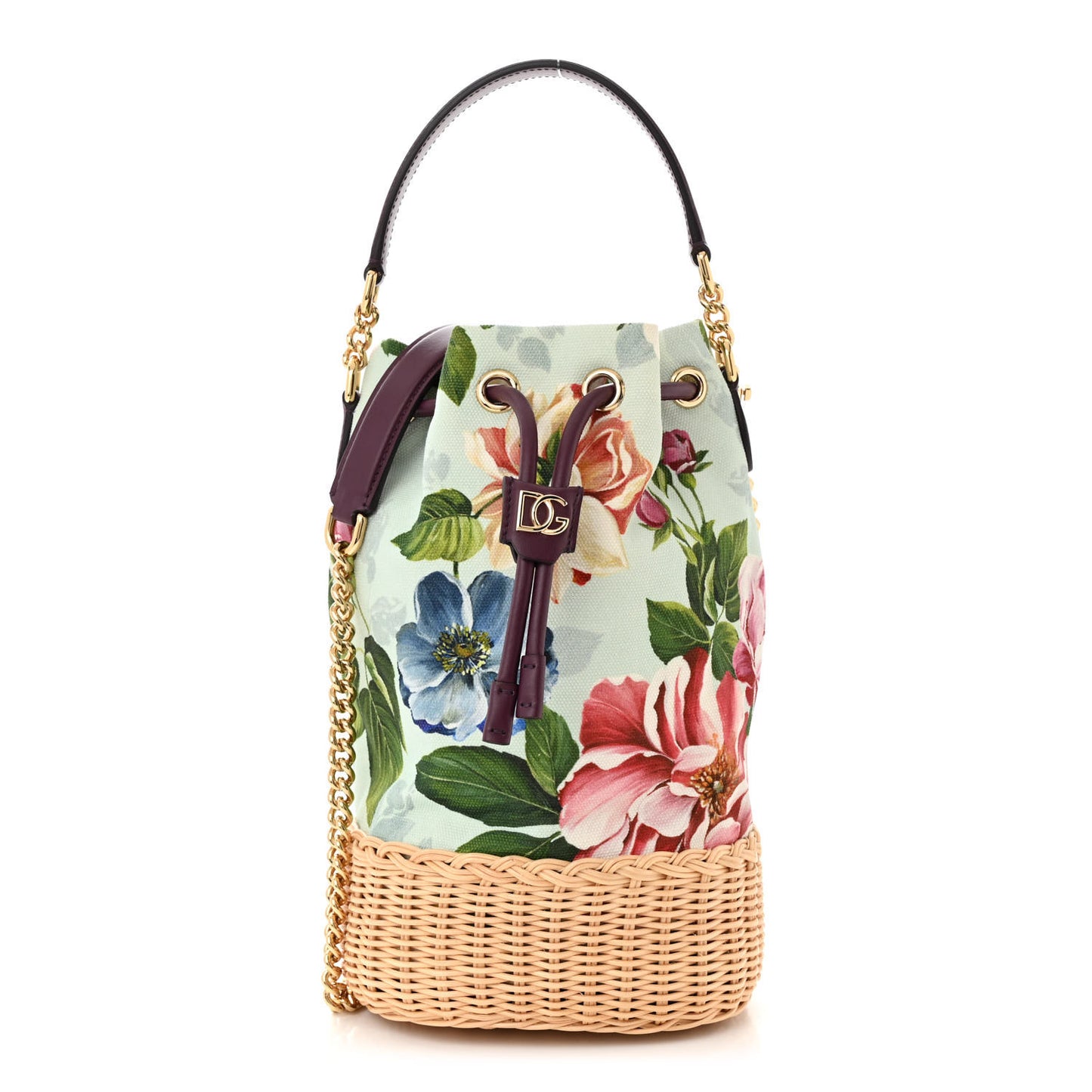Wicker Canvas Floral Print Millennials Bucket Bag Multicolor