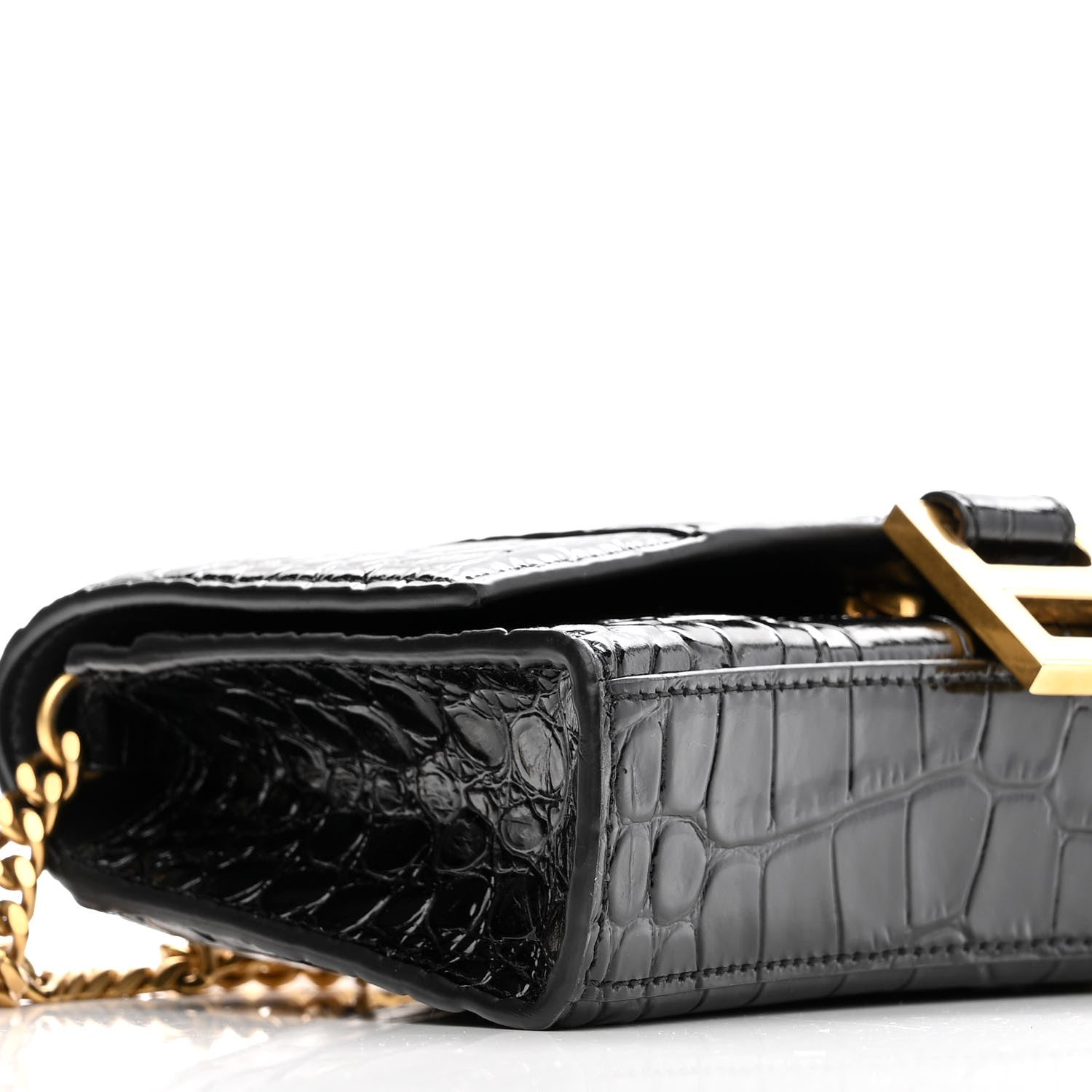 Balenciaga Shiny Calfskin Crocodile Embossed Hourglass Chain Bag Black 8 of 9