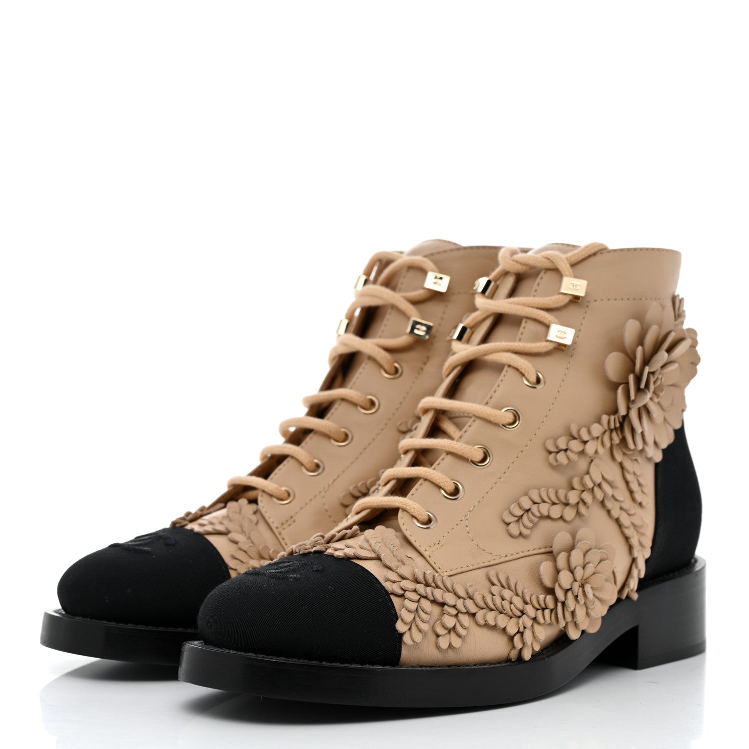 Chanel Embroidered Lambskin Grosgrain Lace Up Boots 38 Beige Black 3 of 8