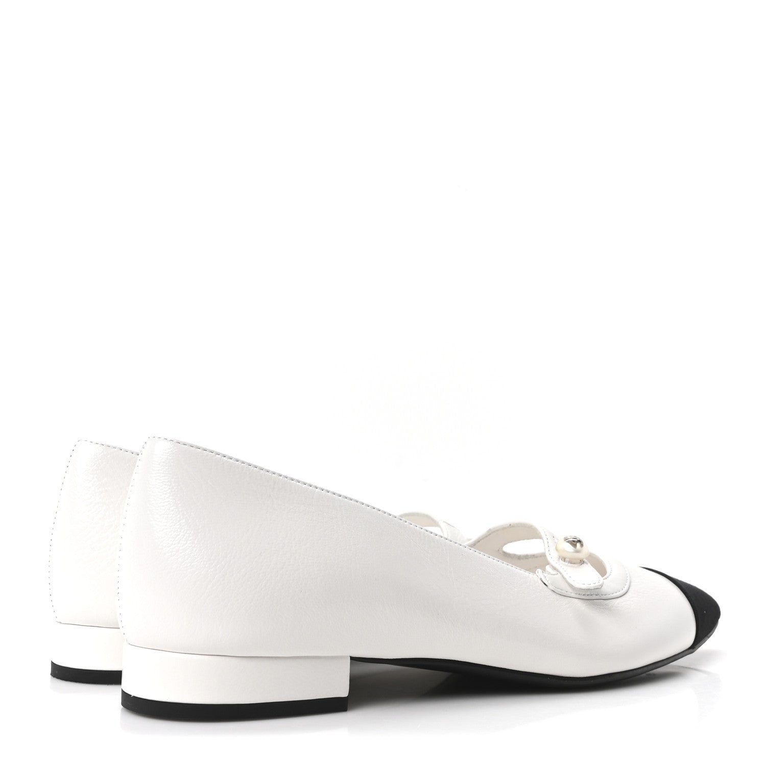 Chanel Shiny Lambskin Grosgrain Pearl Mary Janes Flats 37.5 White Black 5 of 10