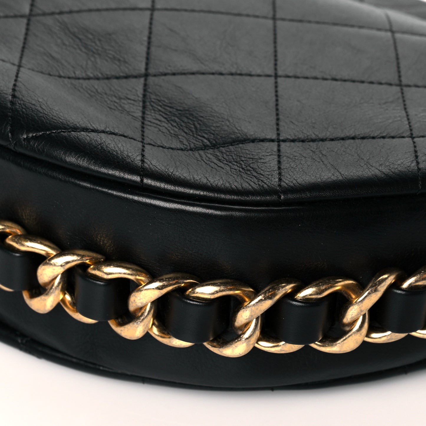 Lambskin Quilted Chain Around Hobo Black