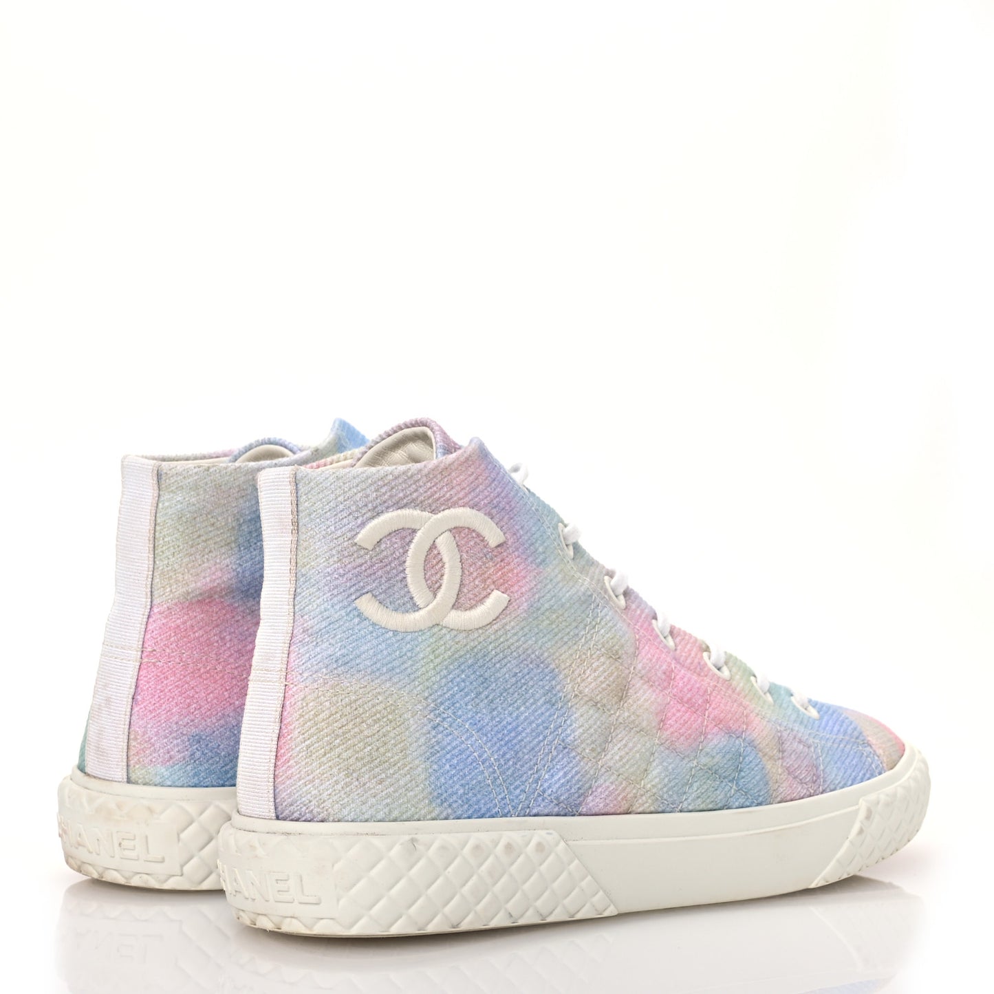 Printed Fabric Quilted High Top Sneakers 38.5 Green Pink Blue White