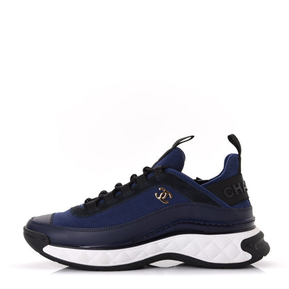 Chanel Fabric Calfskin Suede CC Sneakers 38.5 Navy Black 1 of 10